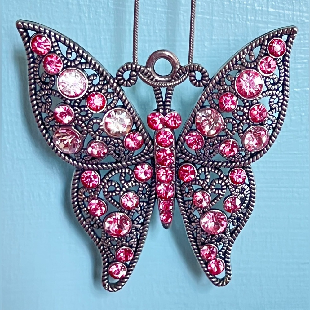 Vintage 90s Y2K Silver Tone Pink Rhinestone Butterfly Statement Pendant 30g